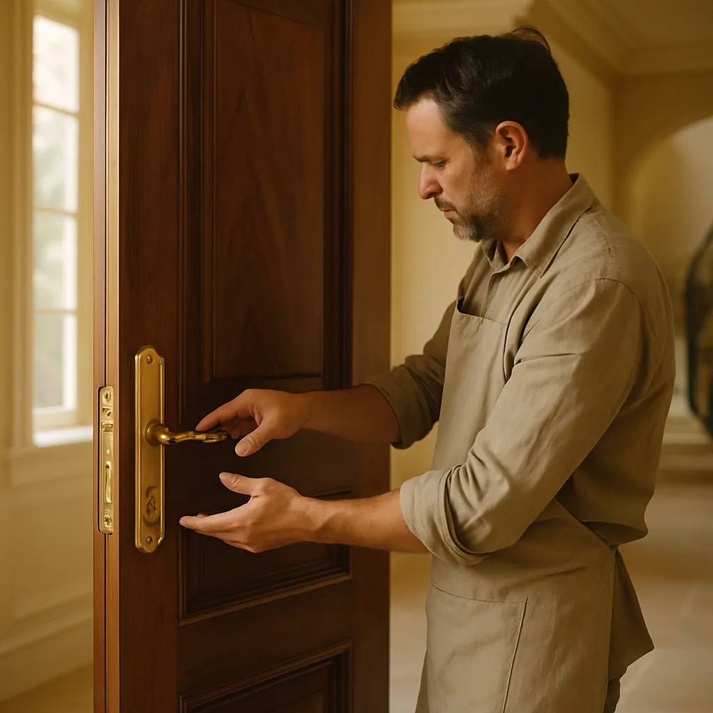 Artisan installing a premium solid-wood door in a luxury home interior