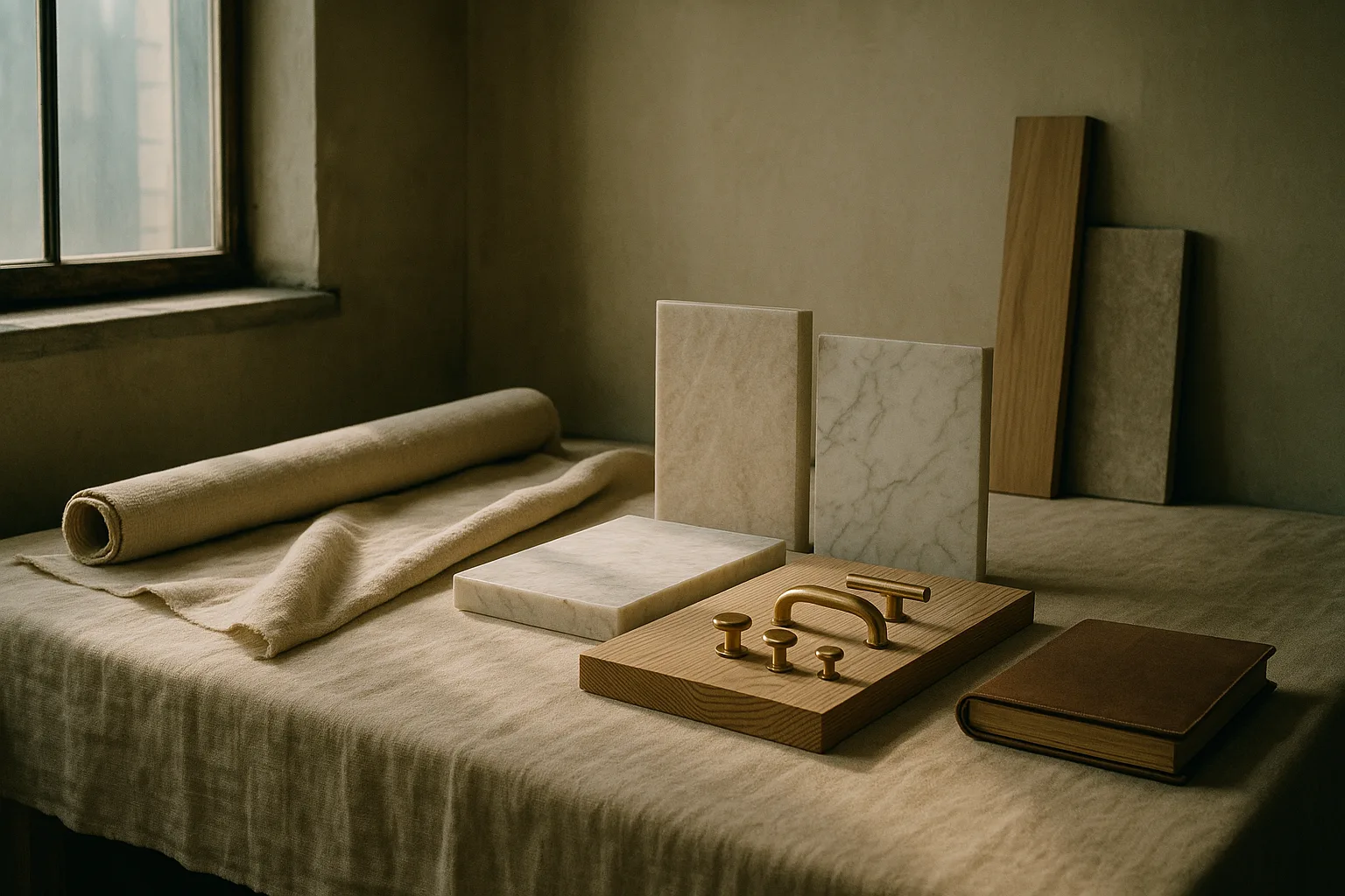 wide cinematic establishing photograph of an artisan's atelier interior for a luxury home suppliers showcase: soft north